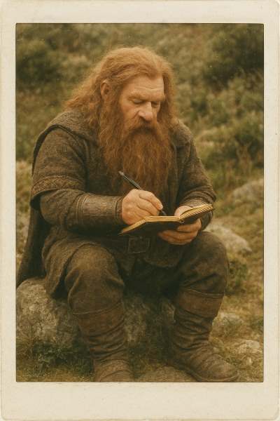 Dwarf sitting on a rock practicing reflection into a notebook