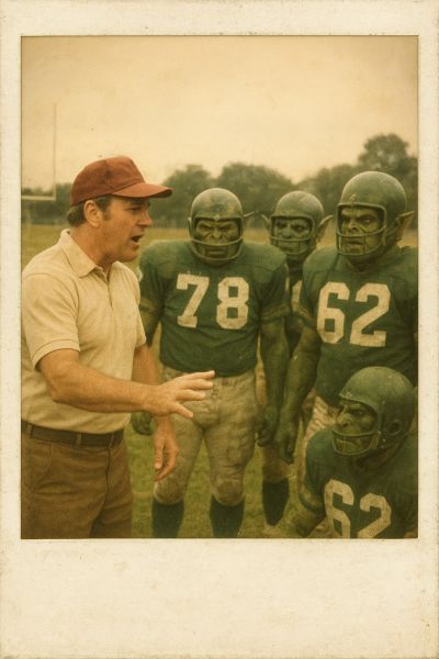 A coach leading a team of orc football players